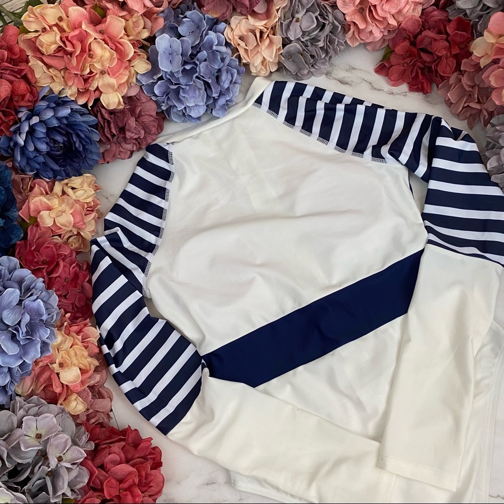 Sporty White and Navy Blue Striped Zip-Up Long Sleeve Rash Guard Swimsuit - Picture 14 of 16